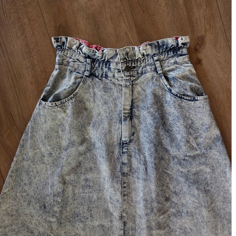 Vintage Rayo of California Acid Wash Denim Paperbag Midi Skirt Bandana Trim 80s - Picture 3 of 7